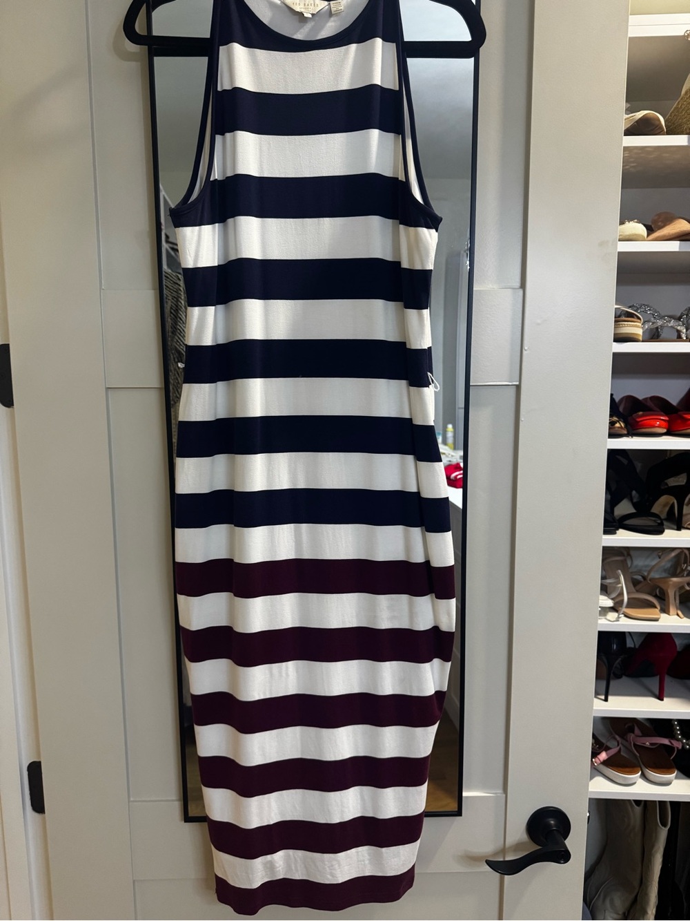 Ted Baker London Striped Sleeveless Midi Dress in Navy, White & Burgundy